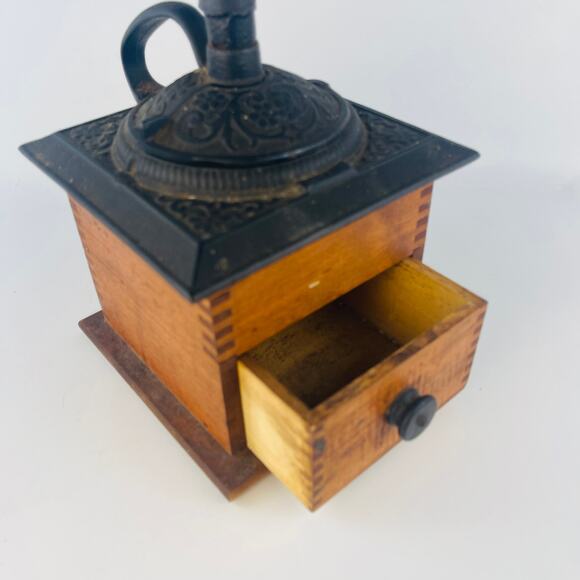 Antique Coffee Grinder Ornate Cast Iron Hand Crank Wooden Dove Tail Base - Picture 2 of 6